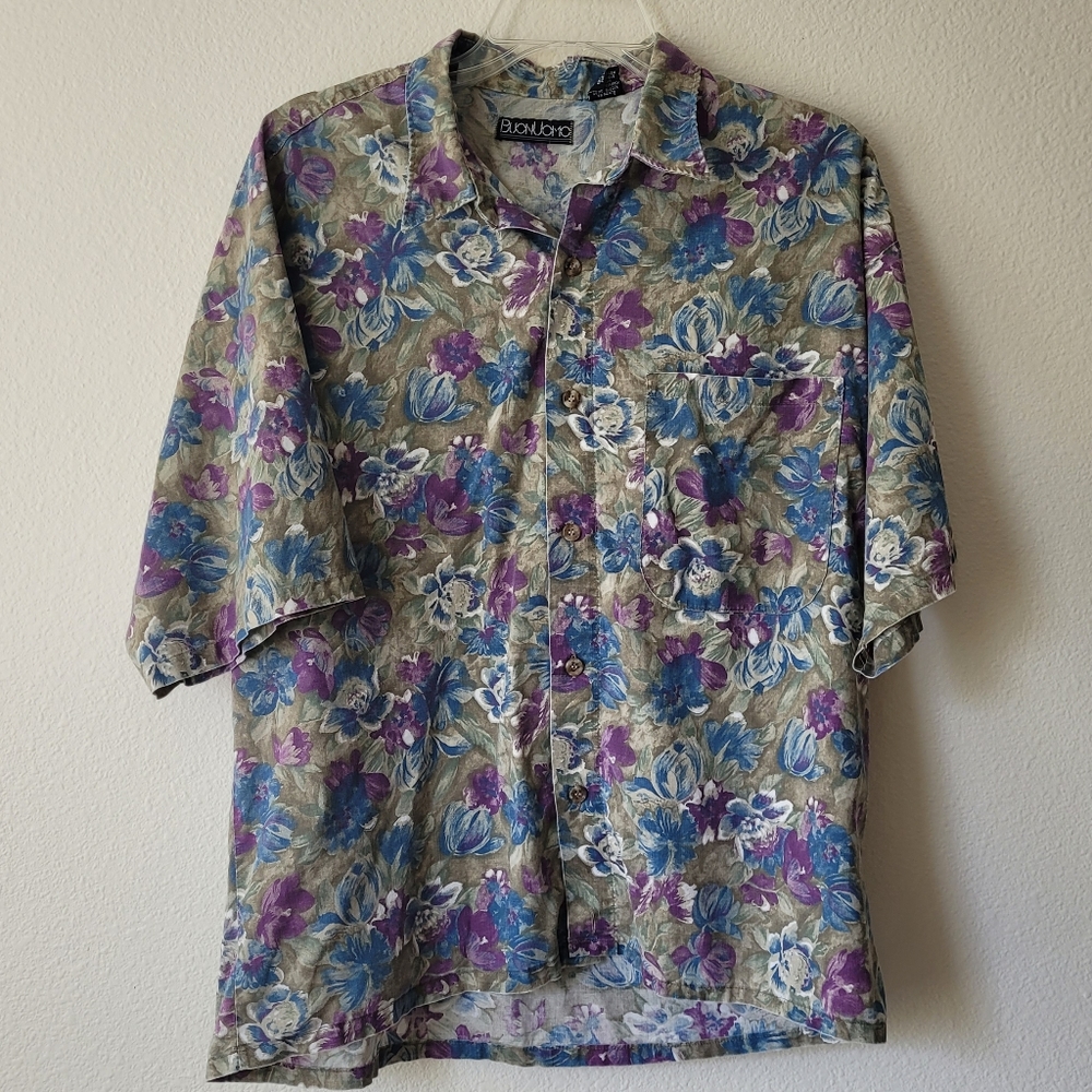BuonUomo Vintage Retro Floral Button Down Vacation Short Sleeve Shirt Collared